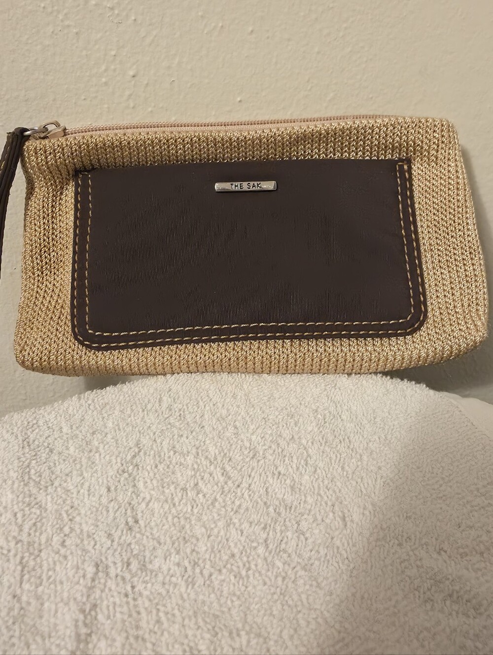 The Sak Beige  Wristlet with Brown Leather Pocket